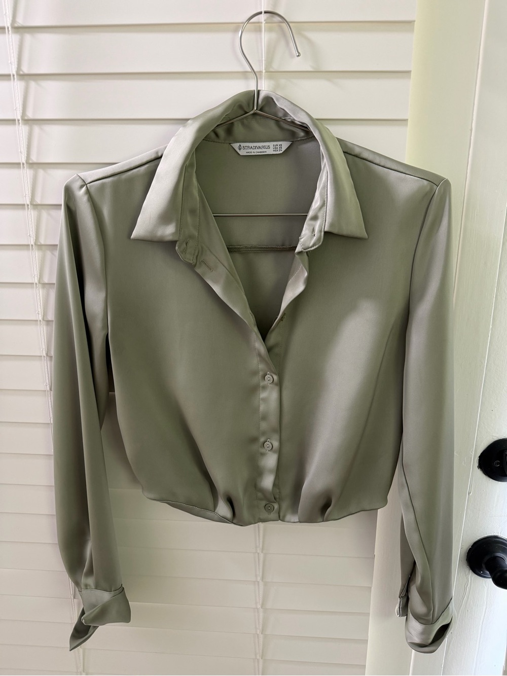 Stradivarius Satin Button-Down Shirt in Sage